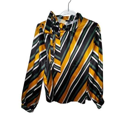 Fashion Nova XL Striped Long Sleeve Blouse With Tie Neck & Button Cuffs Office - Picture 1 of 9